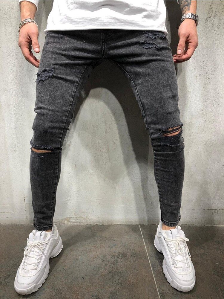 Mænd skinny jeans revet hul biker denim blyant bukser grå stram ødelagt flosset pasform slanke streetwear mandlige bukser: Xxl