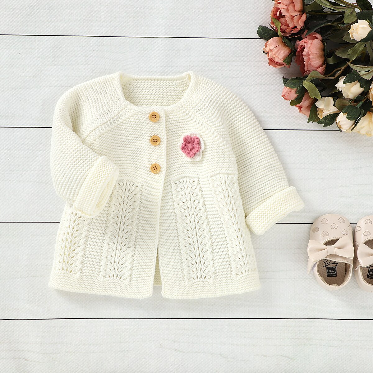 FOCUSNORM Baby Girls Winter Sweater Coat Long-Sleeves Single Breasted Knit Floral Warm Outfits