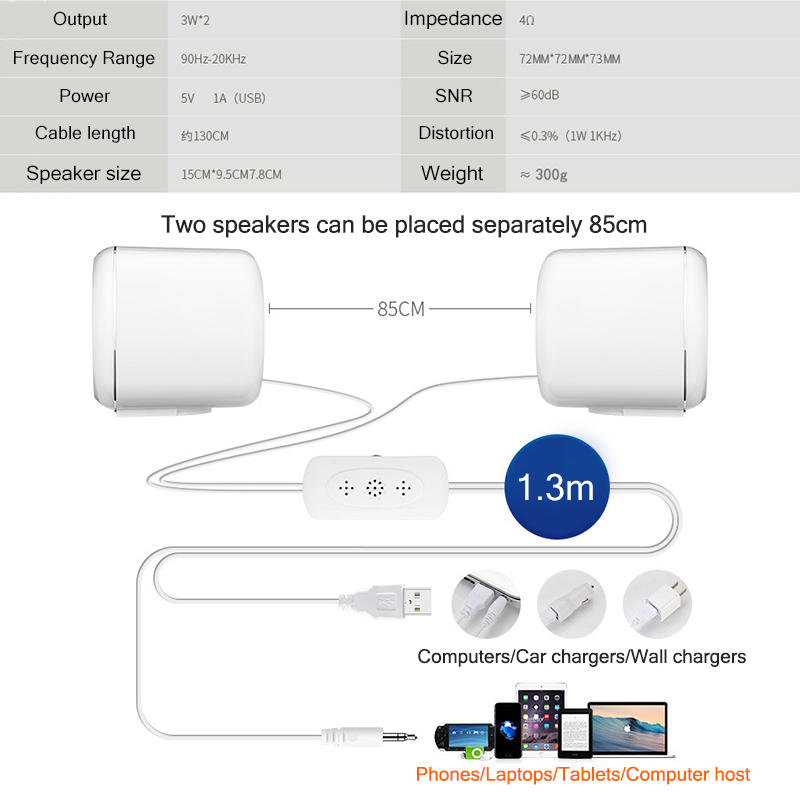 1 Pair Wired Computer Speakers USB AUX Bass Reinforcement Mini Speaker for Laptop Desktop Phone 6W Audio Multimedia Loudspeaker