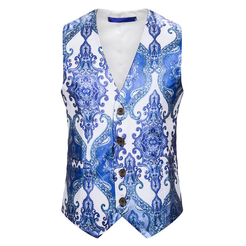 Palace style imprimé costume gilet fête étape Unique col en V gilets et gilets pour hommes blanc bleu: White blue1815-XJ20 / XL