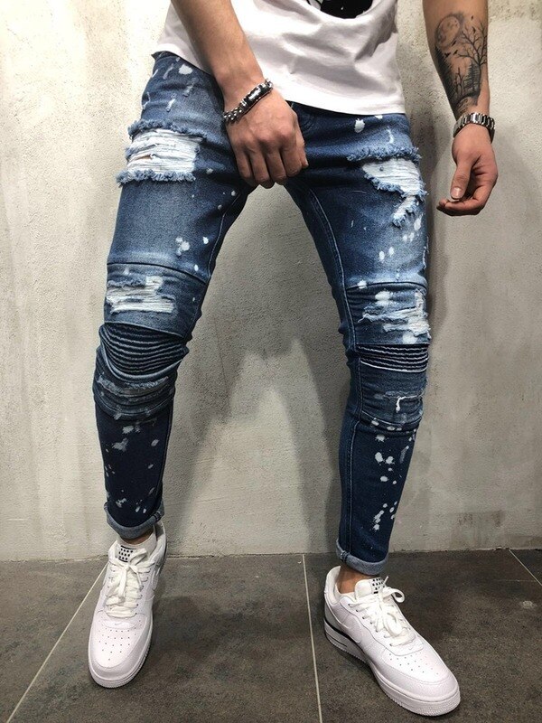 Men Hip Hop Ripped Splashing Ink Skinny Biker Jeans Knee Pleated Distressed Motorcycle Streetwear Men Joggers Denim Trousers