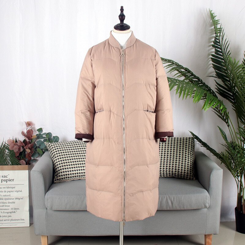 Schinteon Style coréen Baseball doudoune avec capuche manteau en vrac hiver longue Outwear 90% blanc canard vers le bas manteau sur la taille: Light Khaki / S