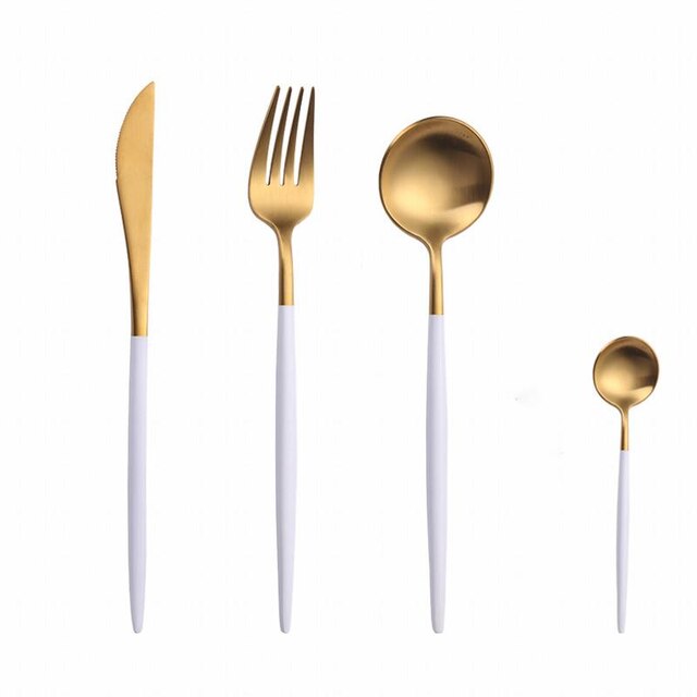 4 Pieces Gold Matte Cutlery Set Dinnerware Set Stainless Steel Green Flatware Set Tableware Knife Spoon Teaspoon Kitchen Set: White Gold 4pcs