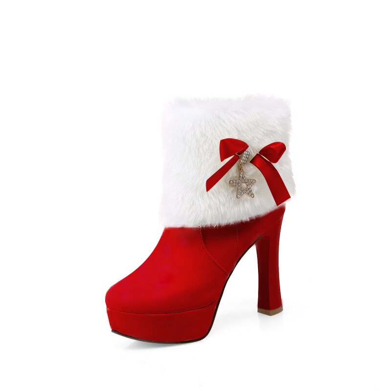 Dames kerst sneeuwlaarzen dames rode enkellaarsjes dames hoge hakken plateau schoenen winter dames strik warme bontlaarzen: Rood / 43