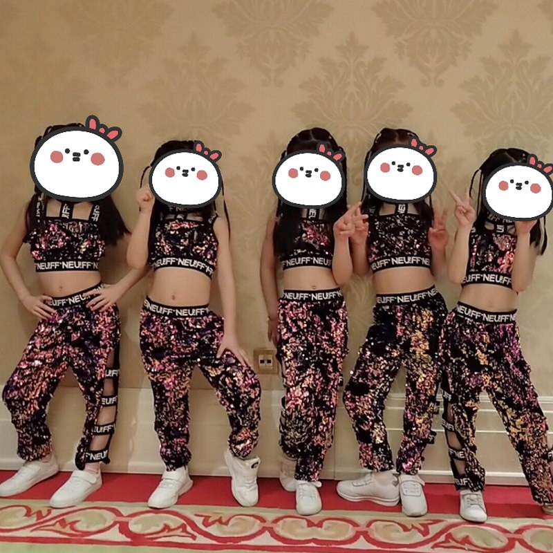 Costume Danse Fille Paillettes - Crop Top + Jupe-short - Pour Jazz, Hip-hop, Latine - Taille 5-16 Ans - Brillant Et Confort
