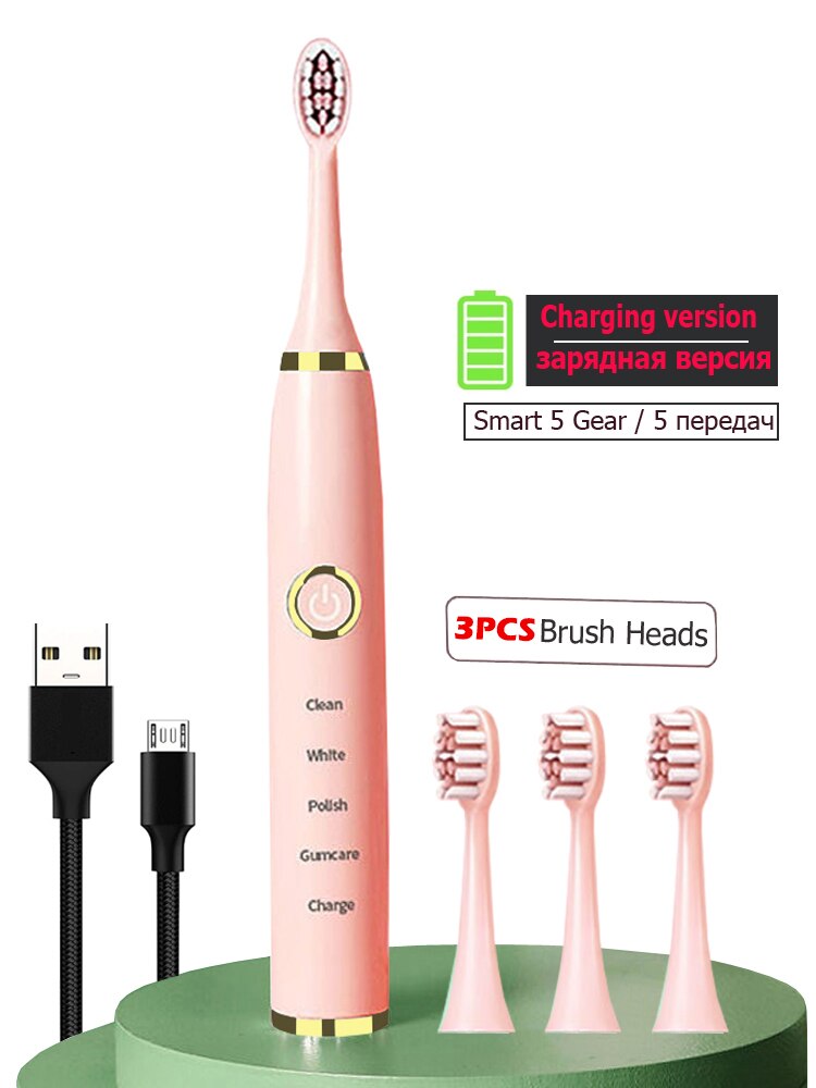 Super Sonic Electric Toothbrushes for Adults Kid Smart Timer Whitening Toothbrush IPX7 Waterproof Replaceable AA Battery Version: Charge Pink