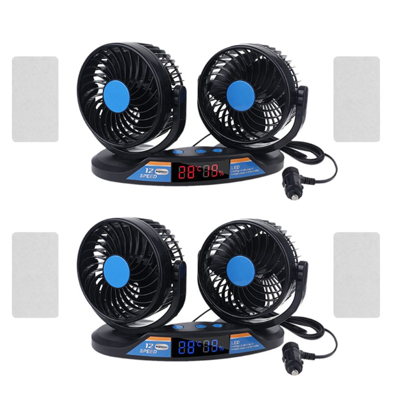 Dual Head 12V Car Fan 12 Speeds 360 Rotatable with Temperature Humidity Display LX9B