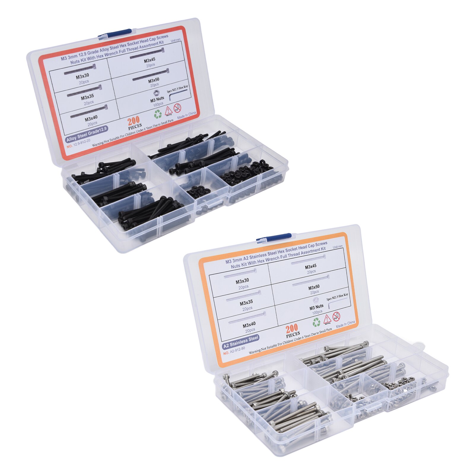 200Pcs Hex Nut Bolt Assortment Kit Hex Socket Head Cap Screws Assortment Set with Wrenches for Industry Cylinder Head Bolt Set