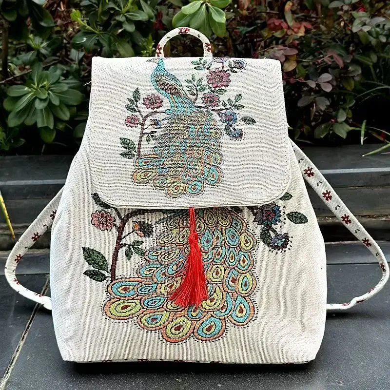 Sacs à dos brodés de style ethnique pour femmes, streetwear vintage, décontractée, sac de voyage Harajuku, sac en toile de sport: Black