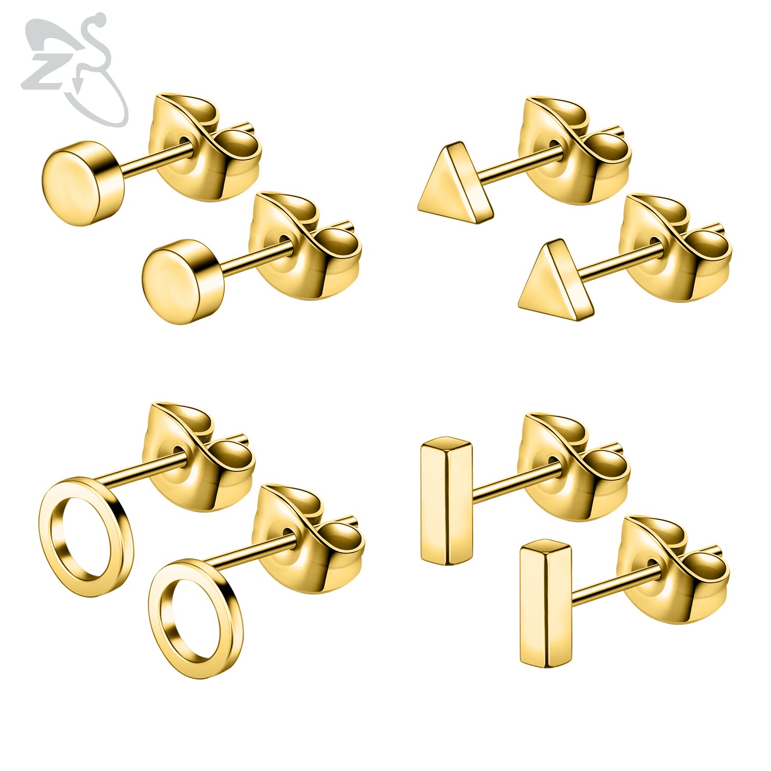ZS 4-9pairs/lot CZ Crystal Stud Earring Set 3 Color Round Heart Star Stainless Steel Ear Helix Tragus Cartilage Piercing Jewelry: Style 3-Gold