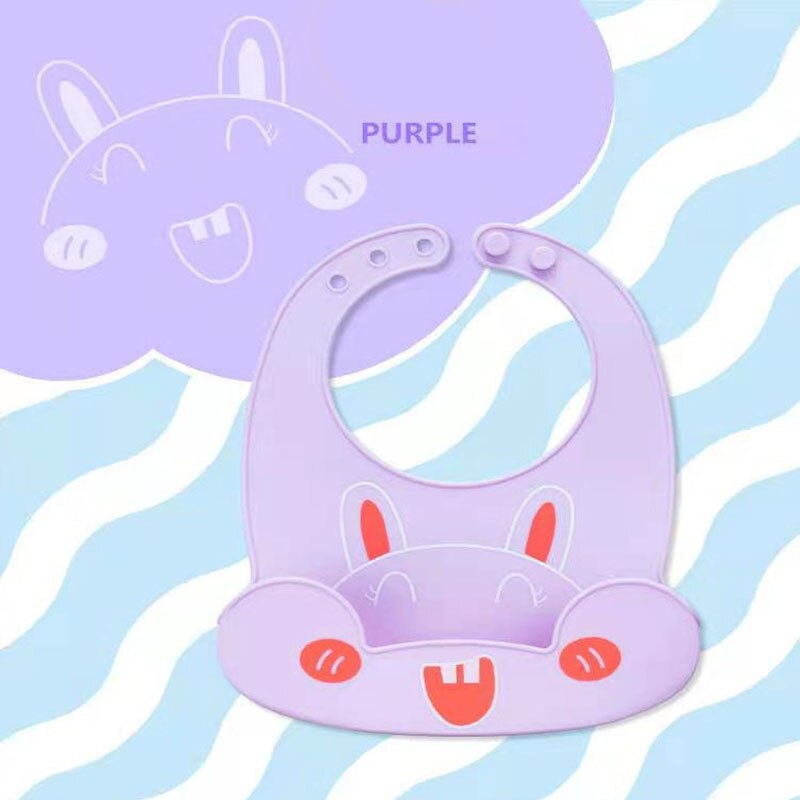 Children's silicone wide cartoon animal cute waterproof bib adjustable stereo pocket snoring baby bib: Purple