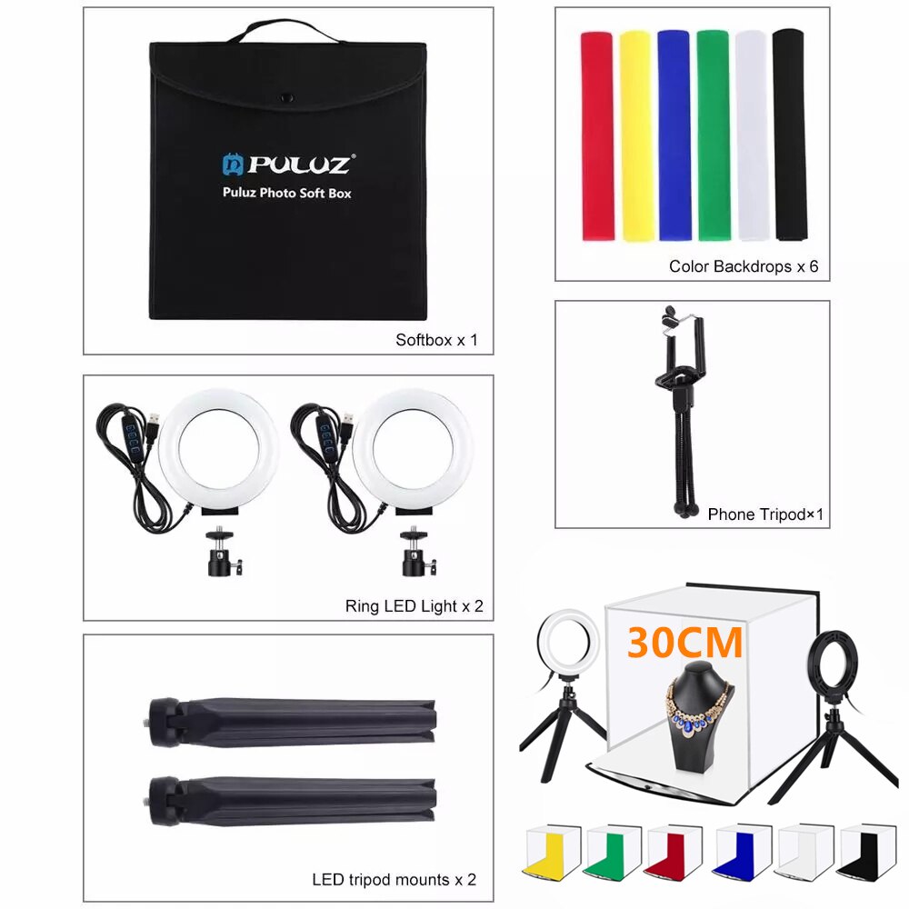 PULUZ LED Lightbox Light box Mini Photo Studio Box 1100LM Photography Box Light Studio Shooting Tent Box Kit &amp; Color Backdrops: 30cm Full set