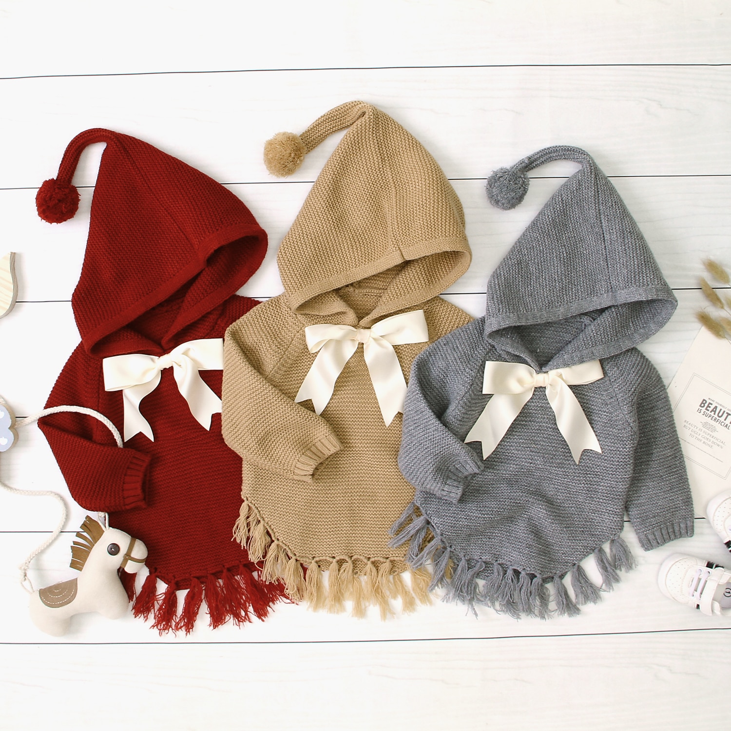 Herfst Winter Peuter Baby Meisjes Knit Tassel Jasje Uitloper Hooded Fall Herfst Mode Kleding
