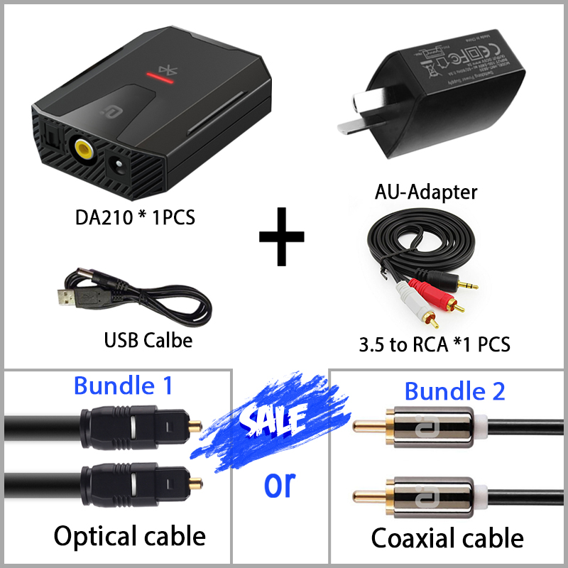 Digitale Audio Analoog Converter Bluetooth 5.0 Optical Toslink Coaxiale Signaal Naar Rca R/L Audio Decoder Spdif Atv dac Versterker: DA210 AU / Bundle 1