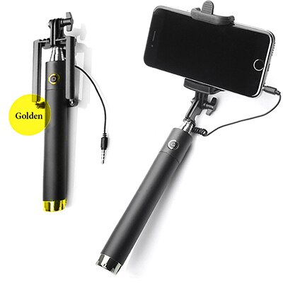 Extendable Folding Wired Selfie Stick Smartphone Monopod For Samsung Galaxy S9 iPhone Xr X Max 8 7 Plus 6 6s Huawei P20 Lite: Golden