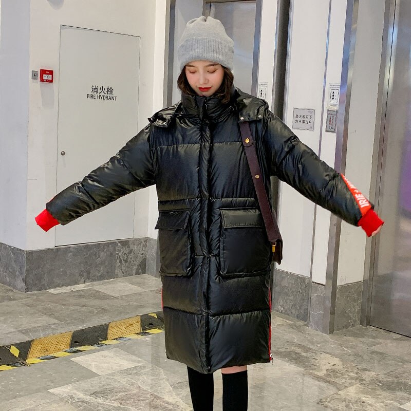 hiver longue veste pour femmes col montant Parka femme manteau à capuche avec tissu brillant Long coton rembourré: Black / XXL