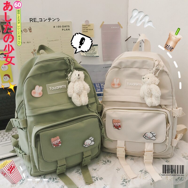 Femminile Rosa Carino Zaino Donne di Scuola di Nylon Impermeabile Zaini per Ragazzi di Grande Capacità Zainetto Harajuku 2020 Nuovo Bookbags: green with toy