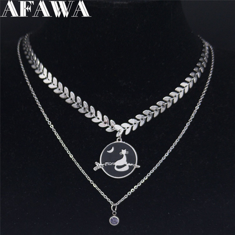 Kat Rvs Gelaagde Ketting Voor Vrouwen Zilveren Kleur Ketting Ketting Sieraden Acero Inoxidable Joyeria Mujer N1984S02