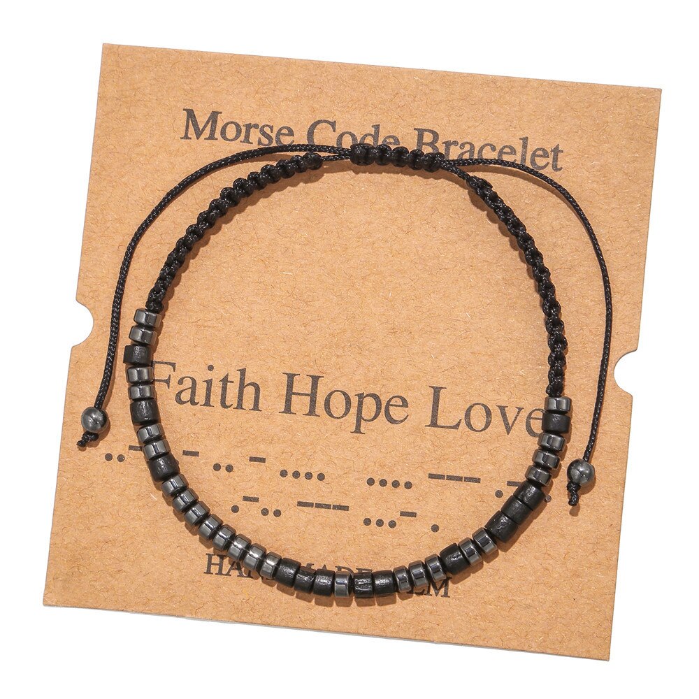 Morse Code Bracelet Black Iron Stone Beaded Hand-woven Card Couple Bracelet: Faith Hope Love