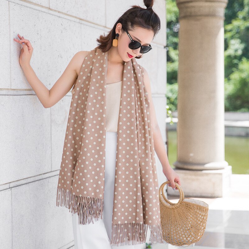 Høst vinter skjerf kvinner sjal dobbeltsidig skjerf faux kasjmir polka punktum lange dusker vinter fast skjerf 70 x 205cm: Kamel