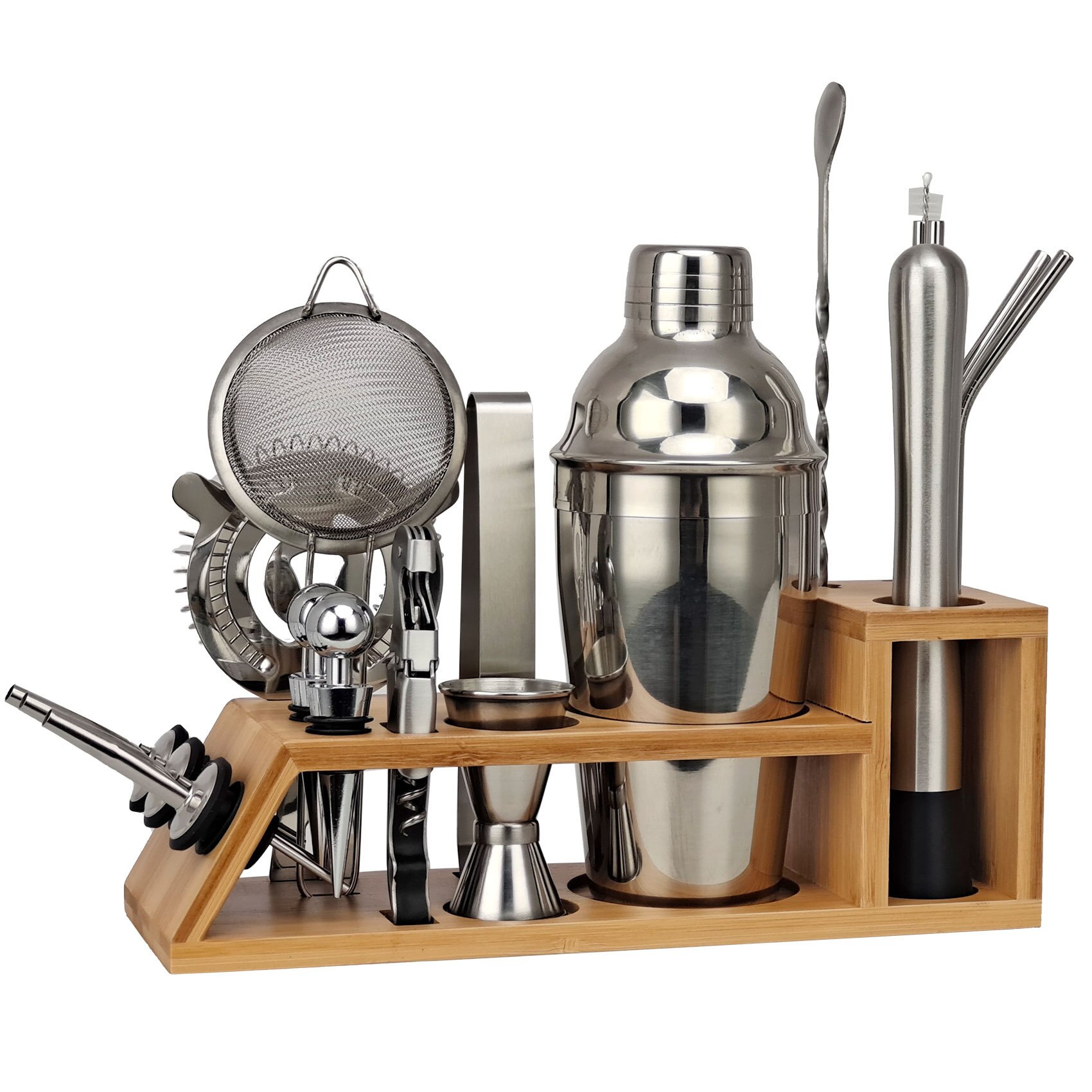 20 piece Cocktail Shaker Set Bartender Kit Stainless Steel Bamboo Weaving Bar Tool Experience for Drink Mixing Cocktail Accessor