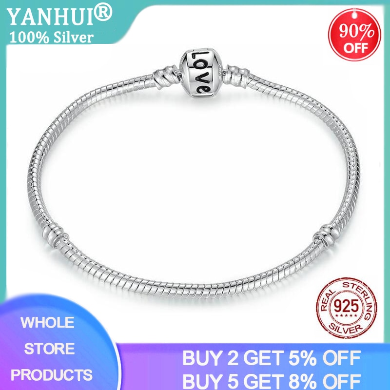 Yanhui 100% 925 sterling sølv brev kærlighed slange kæde armbånd passer originale mærke perler charms diy armbånd sølv 925 smykker