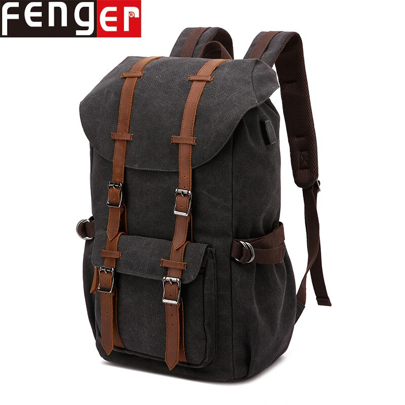 Neue Stil Leinwand Tasche USB Gewaschen Leinwand Retro Casual Rucksack Männer Reise Rucksack Laptop Tasche: Black