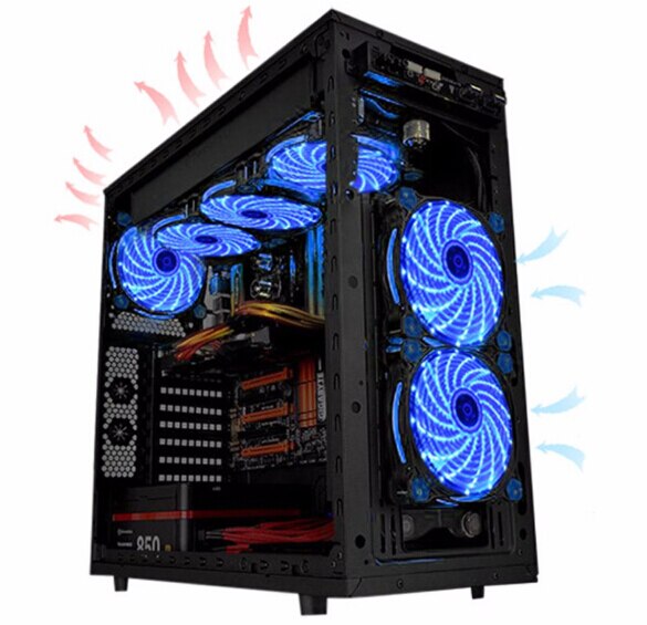 15 lysdioder  or 33 led pc-computer 5 farve 16db ultra lydløs game case ventilator heatsink køler kølegummi 12cm blæser 12v molex 4 pin 3p