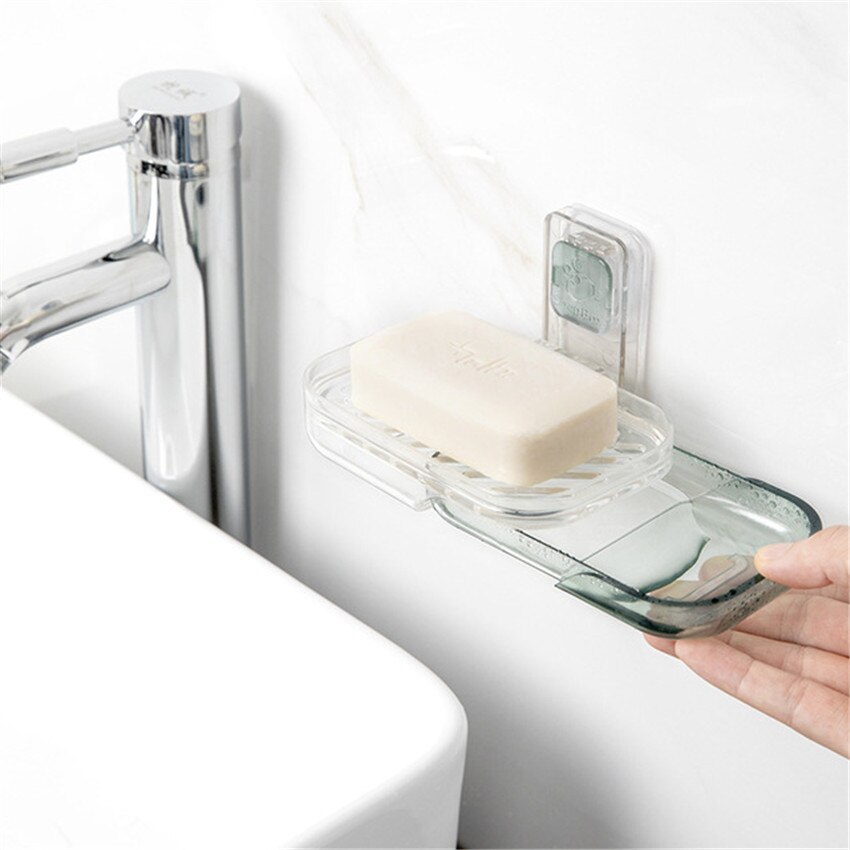 Transparent Laundry Soap Holder Case Wall Mounted Suction Cup Soap Dishes, Double Layer Bathroom Drain Soap Box Tray Shelf