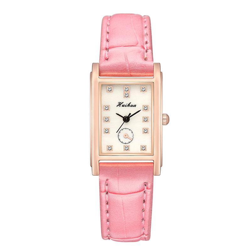 Reloj de correa de cuero fino para mujer, pulsera de mano rectangular con diamantes de imitación, a la , para estudiantes: pink