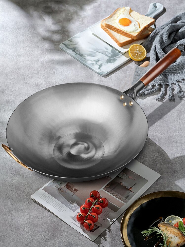 Gietijzeren Wok Pan,Non-stick Wok Met Hittebestendige Houten Handgrepen, chinese Traditionele Wok Gas Wok Fornuis Pan Koken