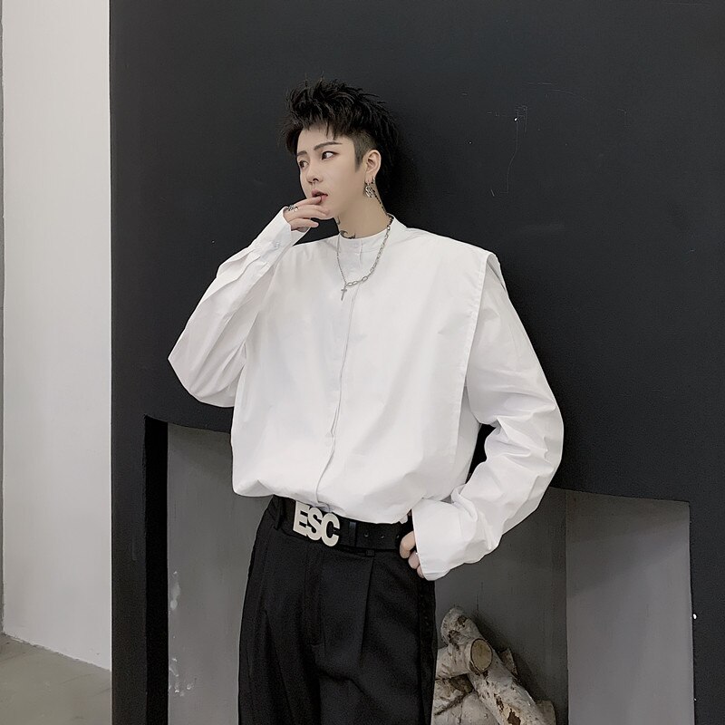 Camisa informal de manga larga con hombros anchos y cuello alto de color blanco para hombre, ropa de calle de Japón, vestido suelto a la , camisa, ropa para escenario