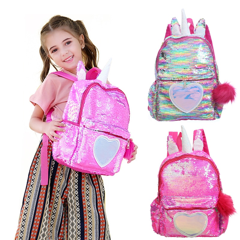 Mermaid Sequin Backpack for Girls Children Large 3D Cartoon Unicorn School Bag Teenager Hologram Heart Love Backpack