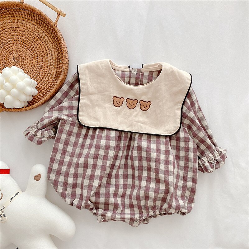 Body en coton à manches longues pour bébé, à carreaux, ours brodé, pour garçon et fille, une pièce, printemps automne: Purple Plaid / 12M