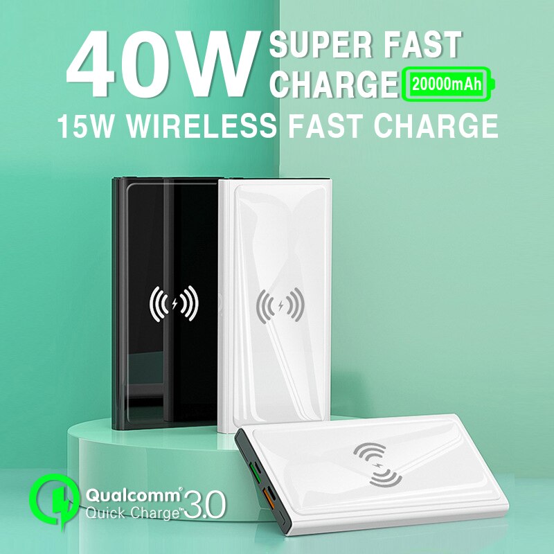 40w superschnelle ladefunktionen, große kapazität (20000 mah) , 15w kabellose ladefunktionen, bidirektionales schnellladen, digitales display, externer akku