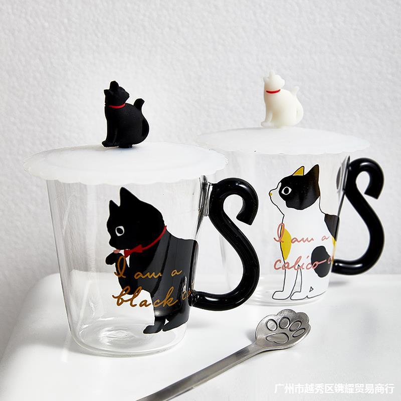 Juego de tazas de café de vidrio con forma de gato negro, taza de té con forma de Animal, estilo japonés Kawaii, para el hogar, 250 ml
