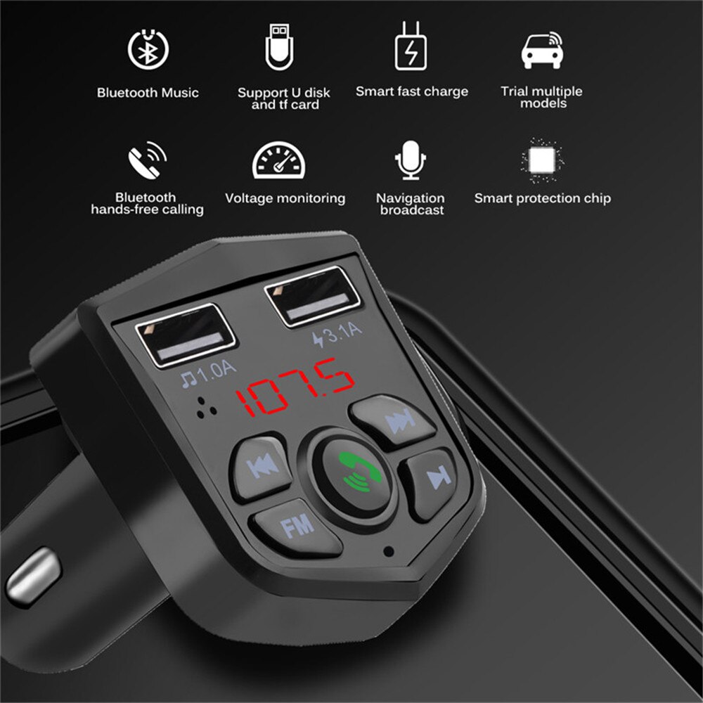 Bluetooth 5.0 Voltage Digitale Display Auto Fm-zender Handsfree Dual 2 Usb Telefoon Oplader 3.1A 1A Tf Card U Disk MP3 Speler