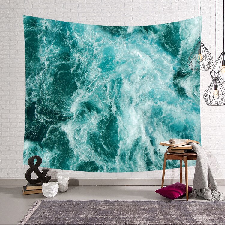 Tapisserie mer soleil océan plage tenture murale eau paysage plage décor bleu nuage bleu mousseux à la main polyester couverture: 200-150cm / 4