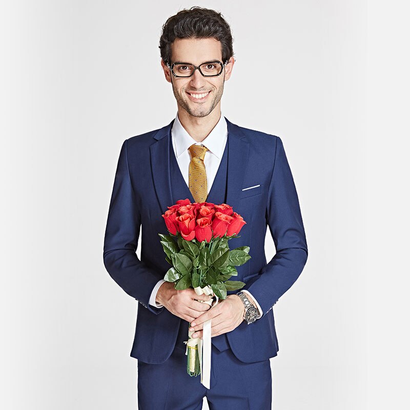 3 Pieces Sets / Men's Business Casual Slim Fit Suit Blazers Groom Wedding Dress One Button Suits Jacket+pant+vest Trousers Coat: blue / L