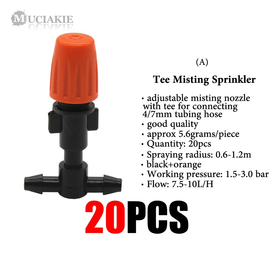 MUCIAKIE 20PCS Einstellbare Beschlagen Düse mit T Joint für Garten Bewässerung Bewässerung Sprinkler für 4/7mm 1/4 zoll Schläuche Schlauch: Default Title