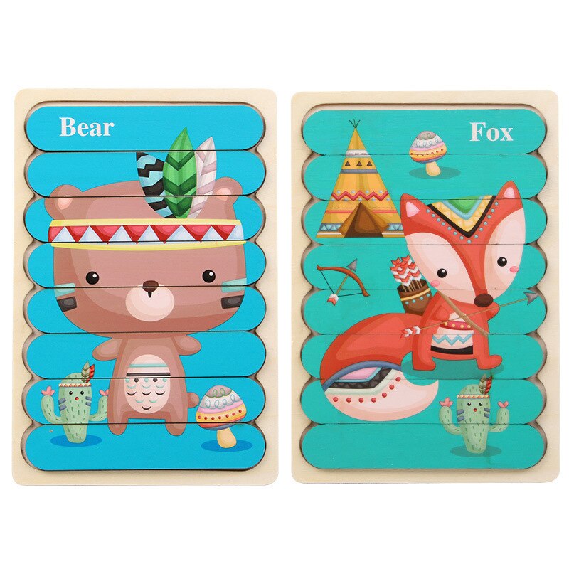 Kids Animal 3D Wooden Puzzle Montessori Toy Double-sided Strip Puzzle Telling Story Stacking Jigsaw Educational Toy For Children: WT259