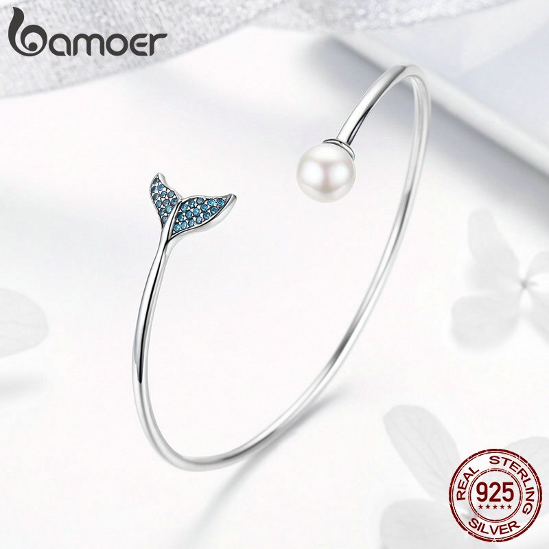 BAMOER 925 Sterling Silver Mermaid&#39;s Tail Open Cuff Women Bracelets &amp; Bangles Sterling Silver Jewelry SCB123