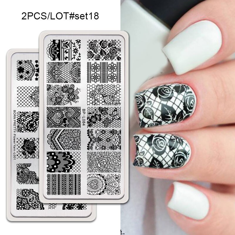 GEBOREN ZIEMLICH 2Pcs Nagel Stanzen Platten Set Rechteck Blume Geometrische Muster Nail art Bild Stempel Vorlage DIY Maniküre
