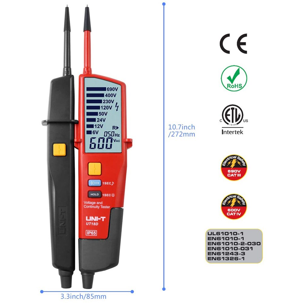 Teste de rotação da fase do teste do detector rcd da tensão e da continuidade de UNI-T ut18d tester-à prova drágua com escala do automóvel do flash