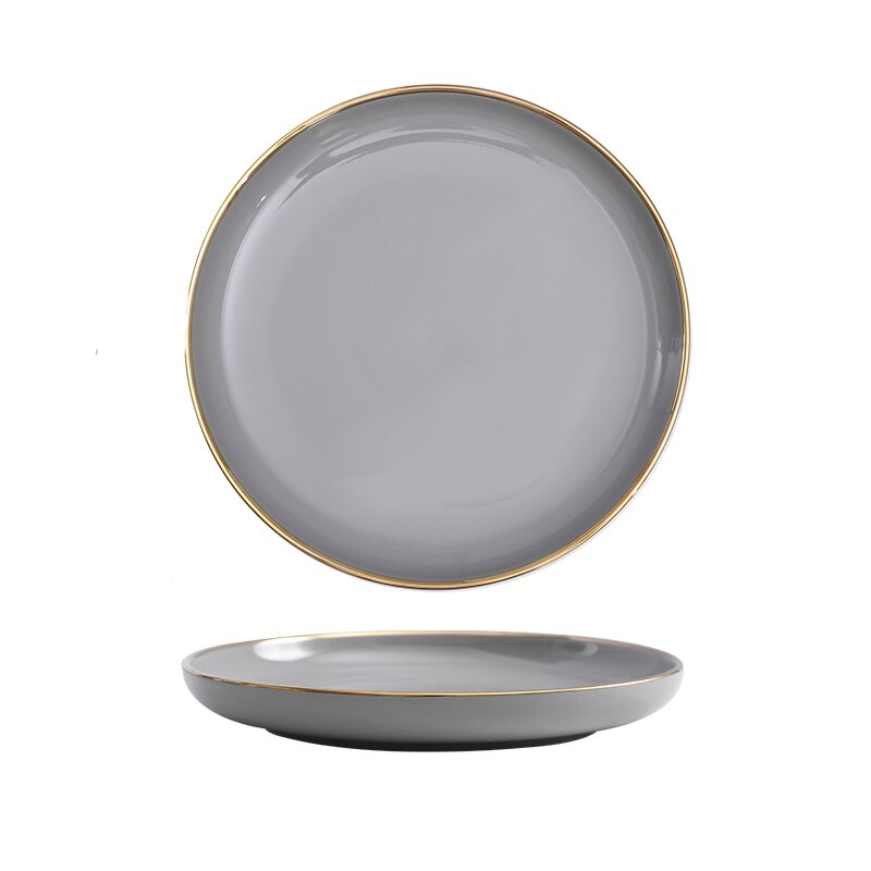 Light Luxury Ceramic Plate Smoke Gray Golden Rim Dinner Plates Dessert Dish Soup Bowl Dinning Room Western Tableware Set