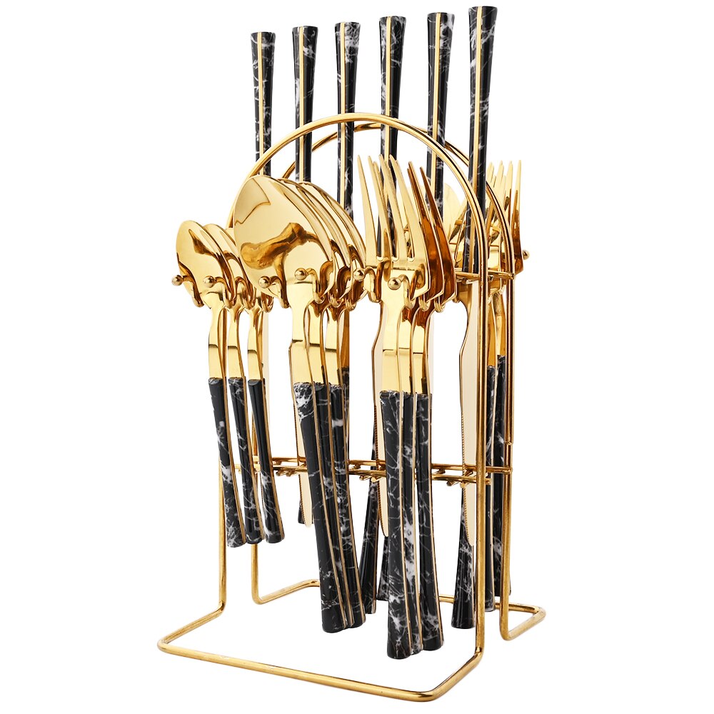24Pcs Imitatie Hout Serviesje Rvs Servies Bestek Messen Thee Lepel Vorken Met Opslag Bestek Rek Geschenkdoos: Black Gold and Rack