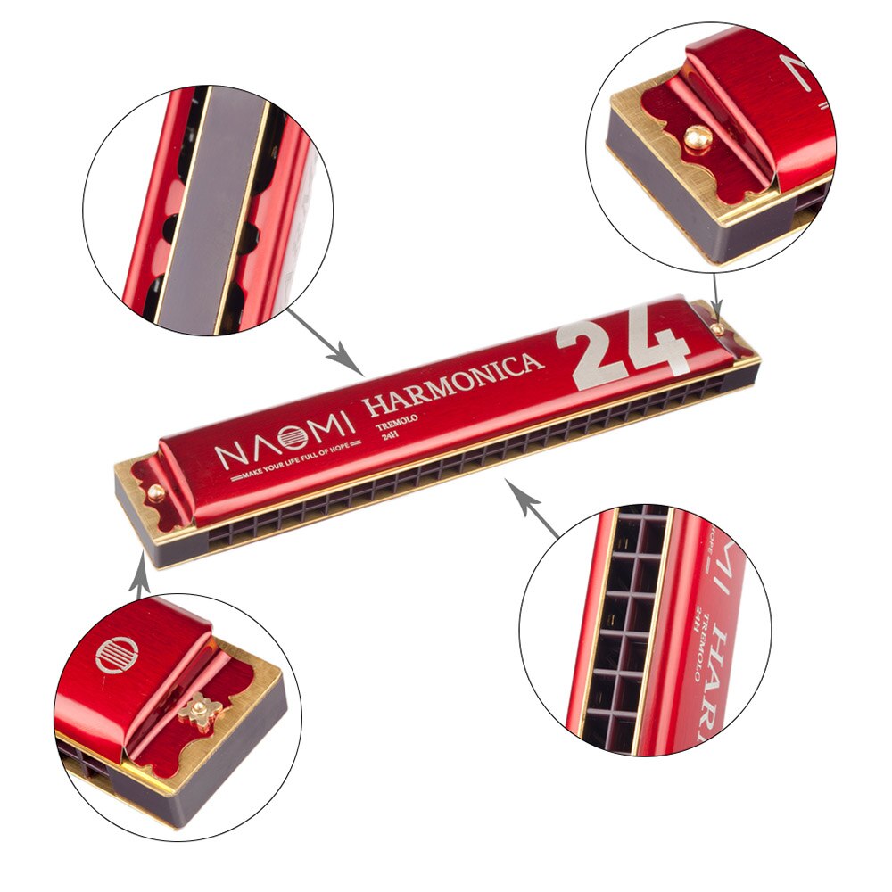Naomi Mini 24 Holes Tremolo Harmonica Sleutel Van C Rvs Mondharmonica Mondharmonica Met Case Wind Instrument