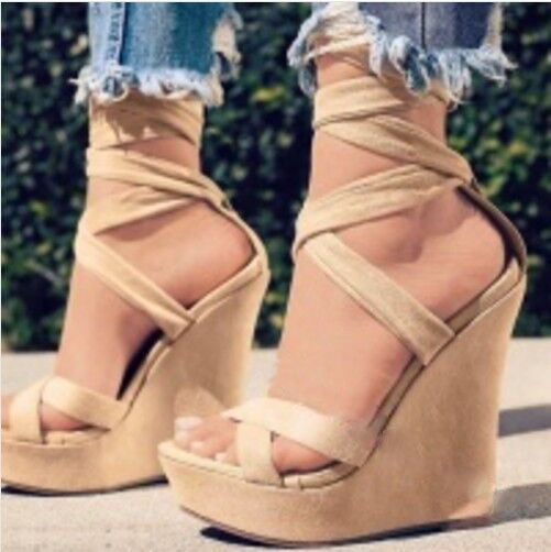 Krydsremme snøre åben tå platform kiler kvinder sandaler super høj gladiator dame sko solid smalbånd sommer sandaler