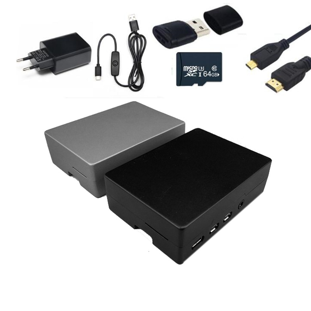 Raspberry PI 4 Case Kit Aluminum Case 5V 3A Power Adapter 64G Micro SD Card Micro HDMI Cable For Raspberry Pi 4 Model B