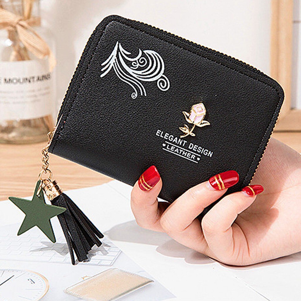 Women’ s Short Solid Color Flower Fringed Leather Wallet Female Simple Travel Outdoor credit card holder purse Mini Cluth Bag: Black